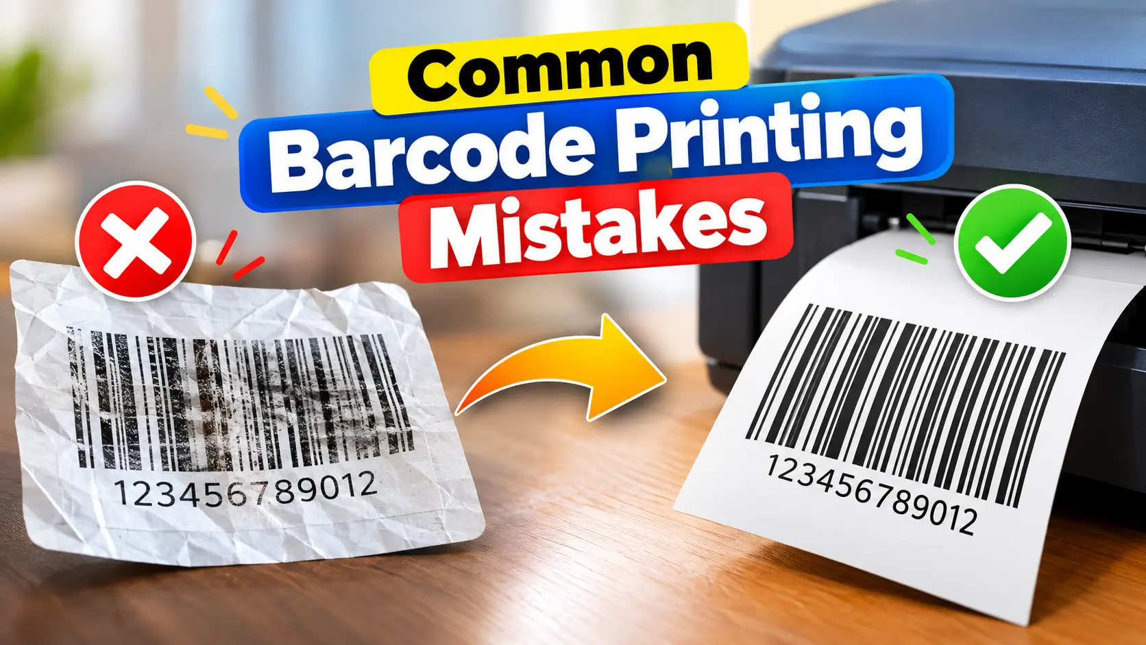 Common barcode printing mistakes showing a damaged barcode label beside a correctly printed barcode.