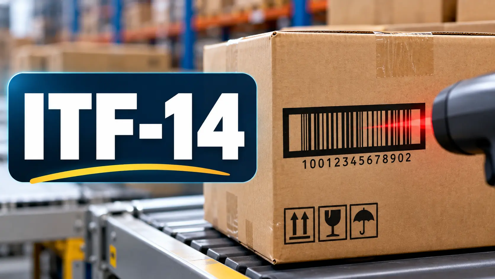 ITF-14 barcode printed on a corrugated shipping carton being scanned in a warehouse.